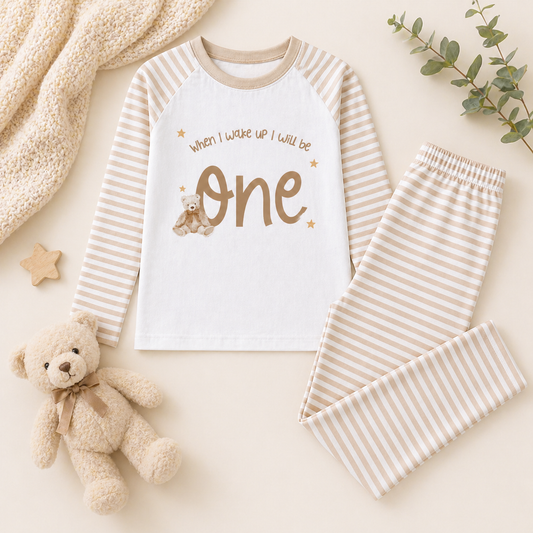 Beige Stripe When I Wake Up Pyjamas Bear