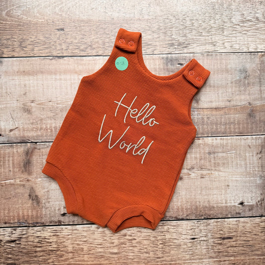 Hello World Rib Bummie Romper | Rust