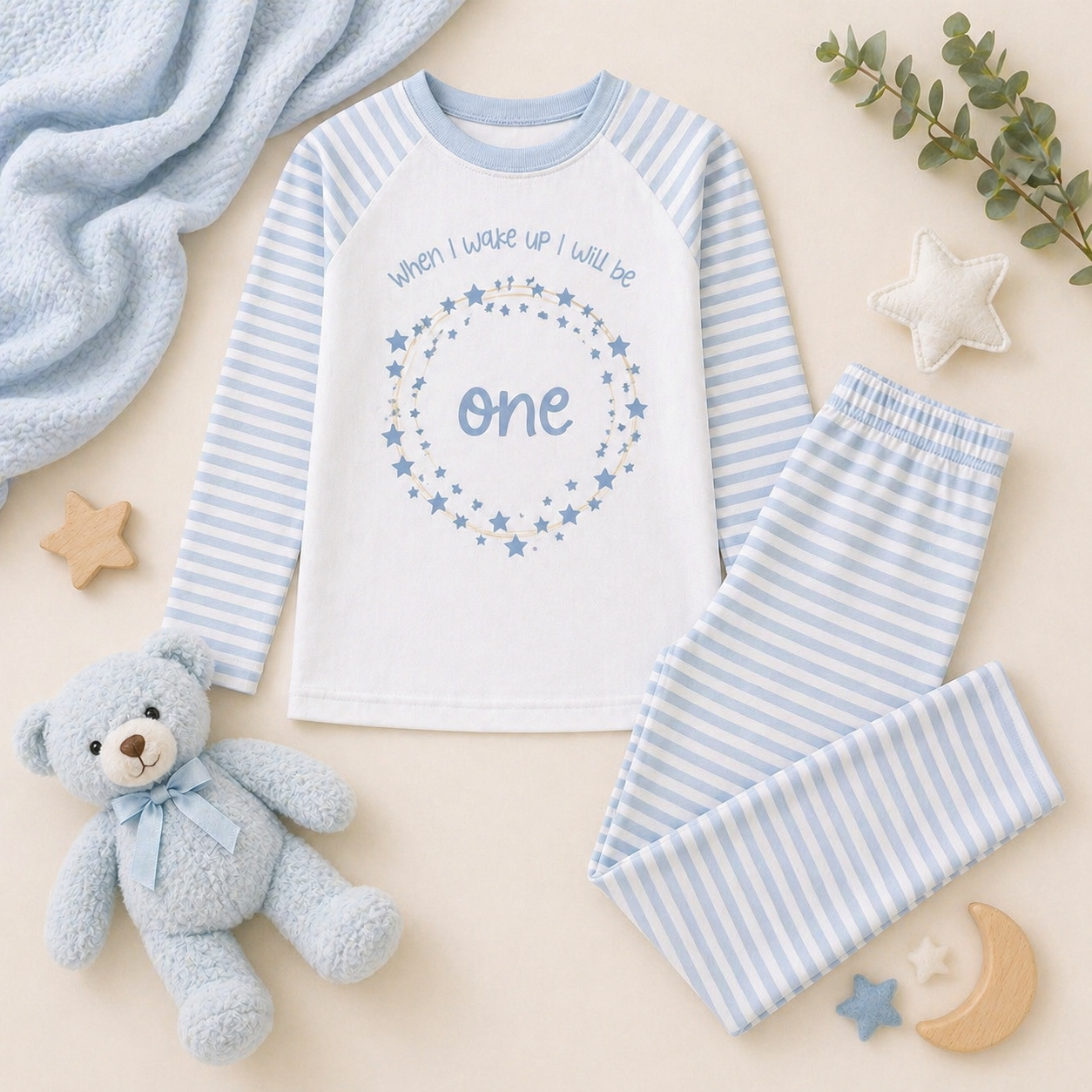 Blue Stripe When I Wake Up Pyjamas Stars